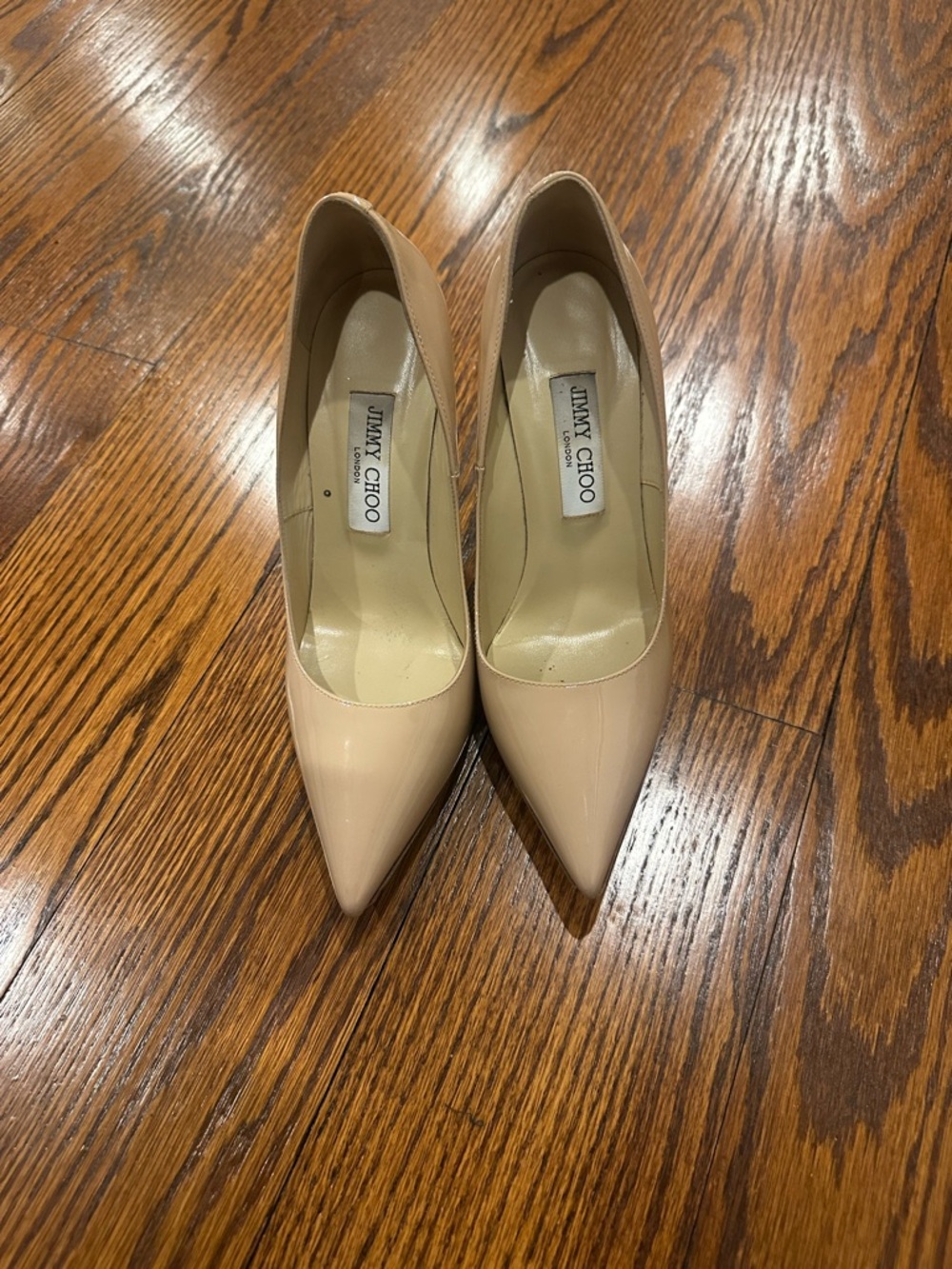 Jimmy Choo Beige Patent Leather Pointed-Toe Pumps